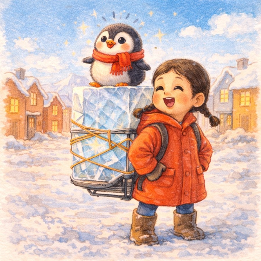 Pepper the penguin riding on Sigga's ice-cube backpack, ready for the journey